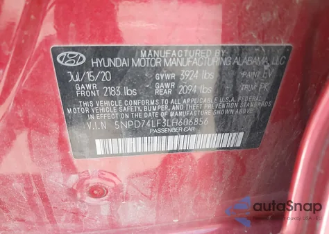 2020 Hyundai Elantra Se z USA, uszkodzony, nr VIN 5NPD74LF3LH606856